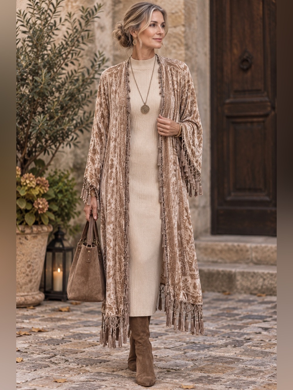 Silk Velvet Devore Duster Hand Beaded Tassel Fringe Boho Opera Coat / Duster